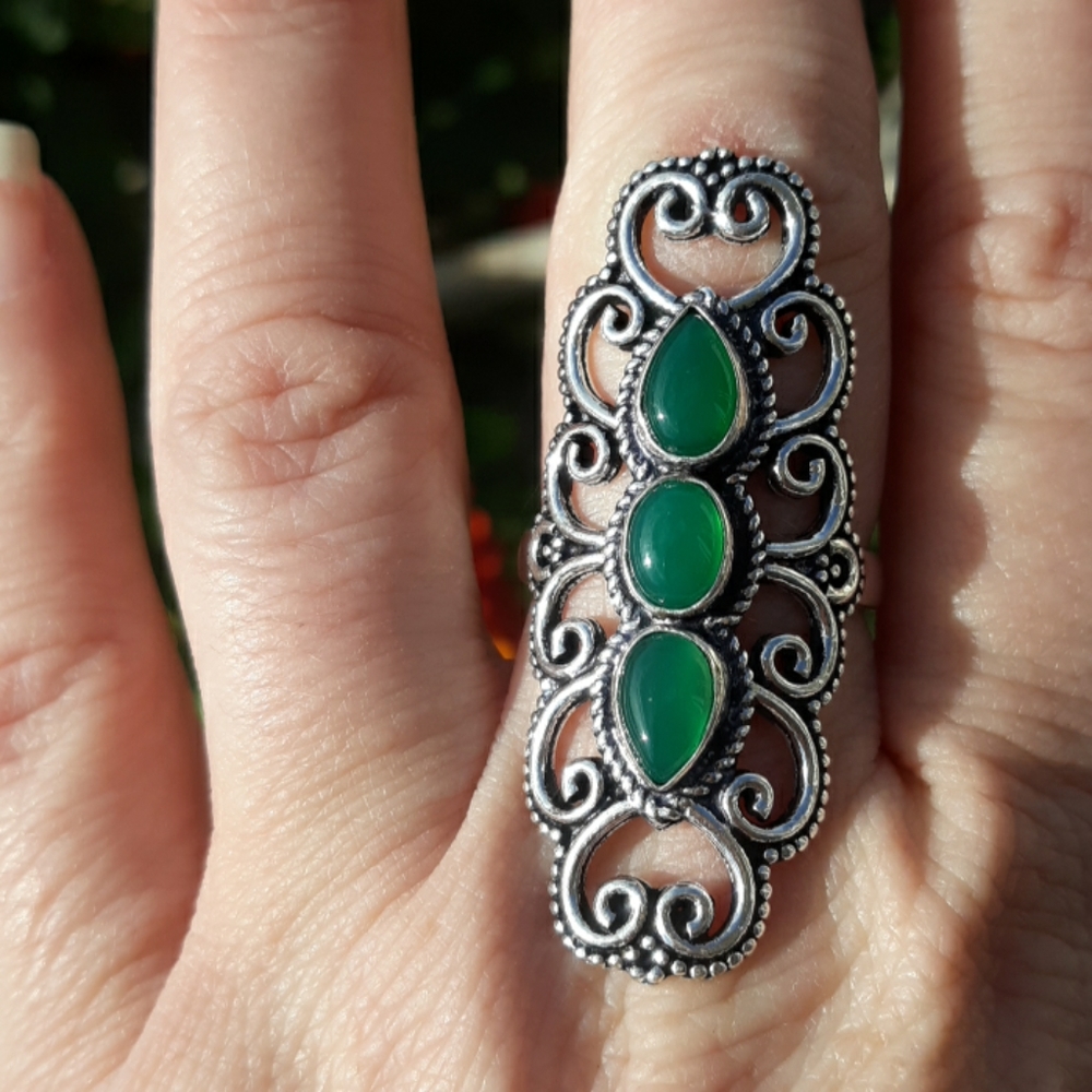 New Green Onyx 925 Silver Statement Ring.